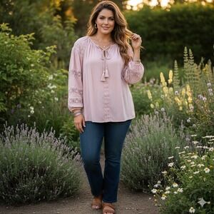 Chelsea & Theodore‎ Winnie Pink Lace Detail Tunic Top Blouse 2X TTG Boho Peasant